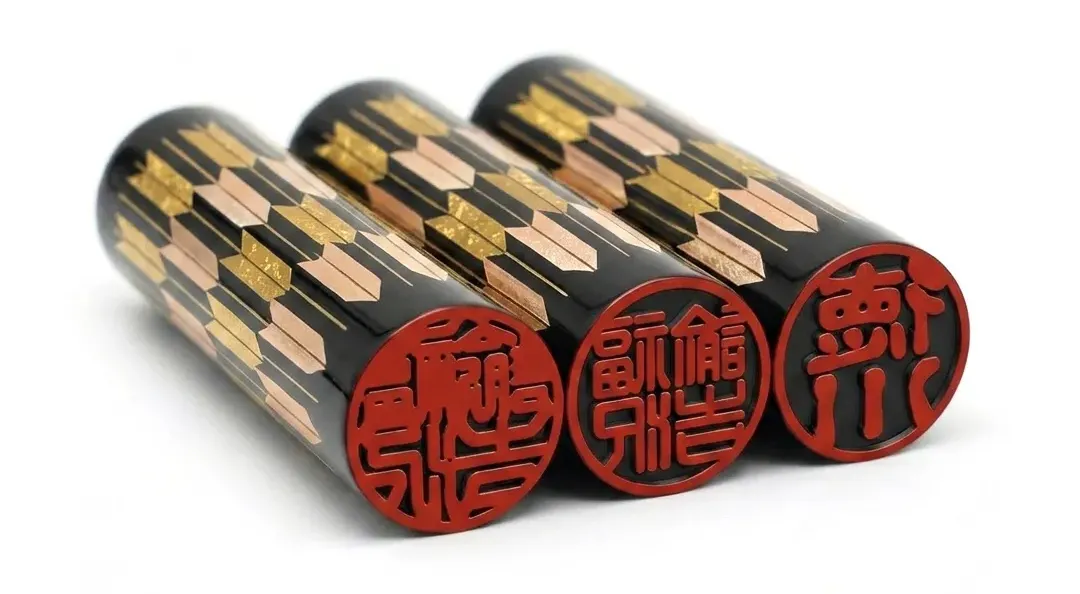蒔絵黒水牛印鑑 矢弓八幡 桃