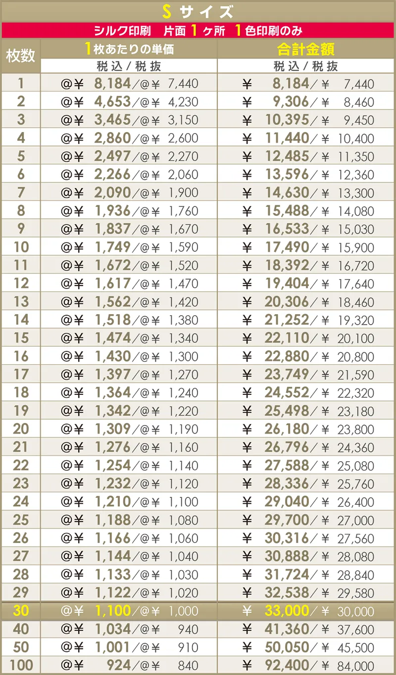 トートバッグ シルクプリント 価格表 Sサイズ