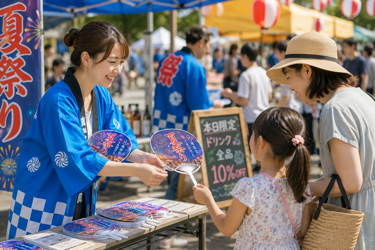 夏祭りや地域イベント・店舗キャンペーンで販促用うちわを配布・活用するイメージ